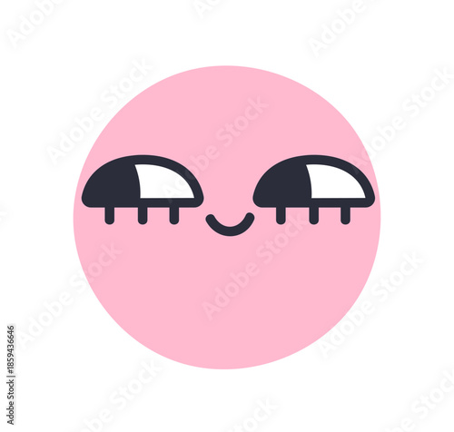 Cute smiling face. Playful funny comic emoji, round head character with happy expression, watching, looking aside. Amusing positive emotion. Flat vector illustration isolated on white background
