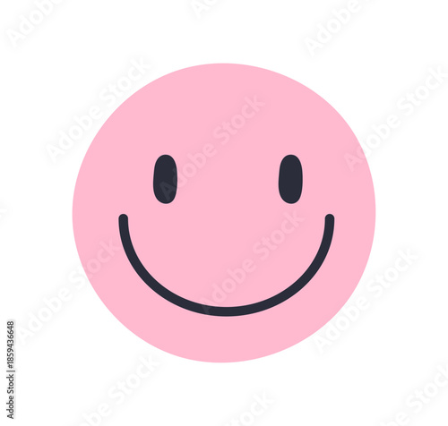 Smiling face emoji, round head emoticon. Cute round character with wide smile, joyful expression, cheerful mood, happy eyes, optimistic emotion. Flat vector illustration isolated on white background