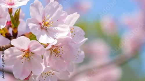 Closeup of beautiful pink cherry blossoms sakura blooming on a branch against a soft blue sky background