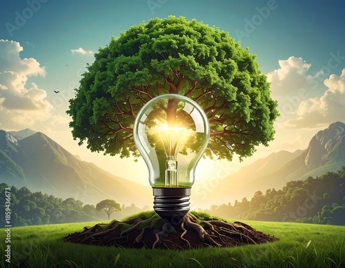 Tree shaped as lightbulb shines over a field, with mountains in the distance under blue sky