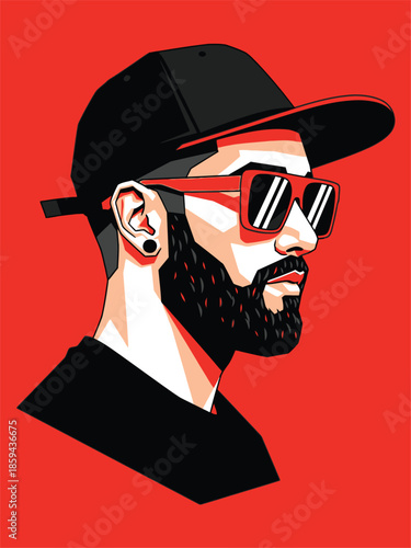 Stylish man with beard and sunglasses wearing a cap, side profile portrait.