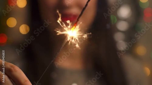 Closeup of young woman holding a sparkler with bokeh lights in background