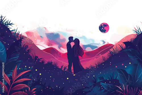 Couple Sharing a Kiss under star sky isolated illustration