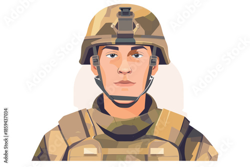 Headshot studio portrait of calm peaceful soldier per isolated illustration