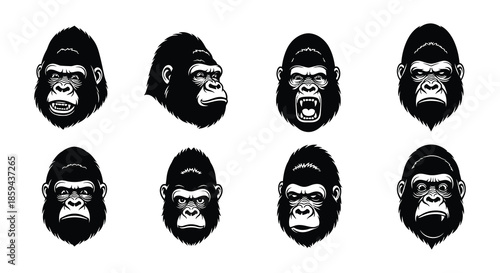 A collection of gorilla head illustrations displaying diverse facial expressions