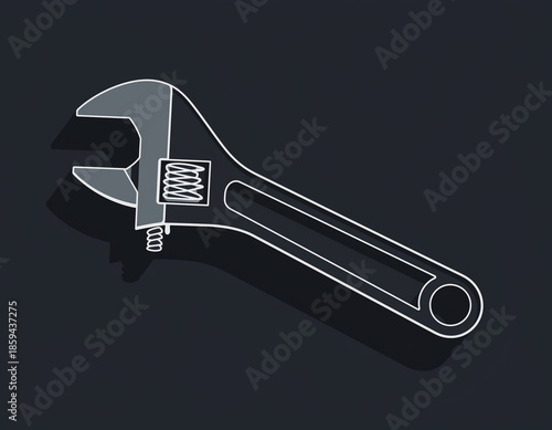 An adjustable wrench on a dark background with a shadow underneath it, viewed from a slight angle