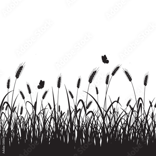 Minimalist black and white silhouette of wild grass and wheat plants with flying butterflies, creating a calm natural meadow scene ideal for backgrounds, wallpapers, and nature-themed designs.