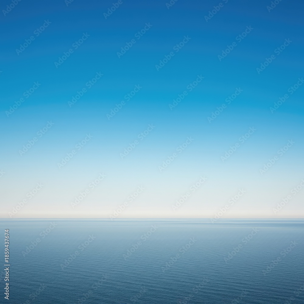Fototapeta premium A dramatic empty blue sky fading into a misty pale horizon line over a vast, featureless expanse of water below ,quiet ,tranquil ,simple