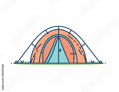 Camping tent illustration on a green field with orange and blue colors