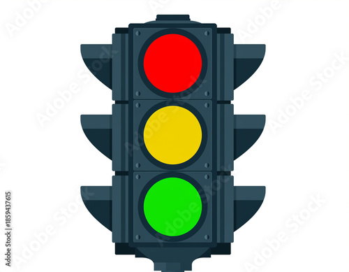 Traffic light with red, yellow, and green lights in urban environment viewed from the front