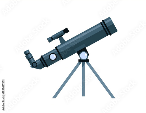 A grey telescope on a tripod standing isolated on a white background viewed from the side