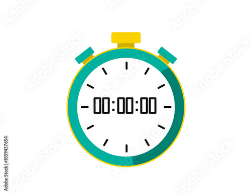 A stopwatch with teal and yellow accents displaying zero hours, minutes, and seconds on a white background