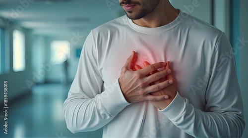 Adult Male Experiencing Chest Pain in Hospital Hallway