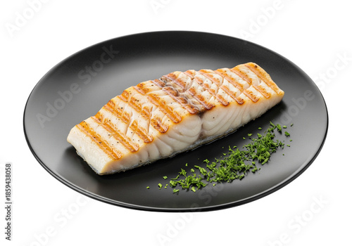 Grilled White Fish Fillet on Black Plate, Healthy Meal