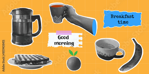 Retro collage of cozy breakfast with halftone effect and paper edges. Lifestyle and daily routine vintage sticker.