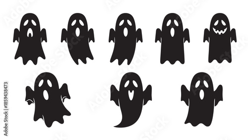 Vector black Halloween ghost silhouettes, funny and spooky, isolated on a white background..