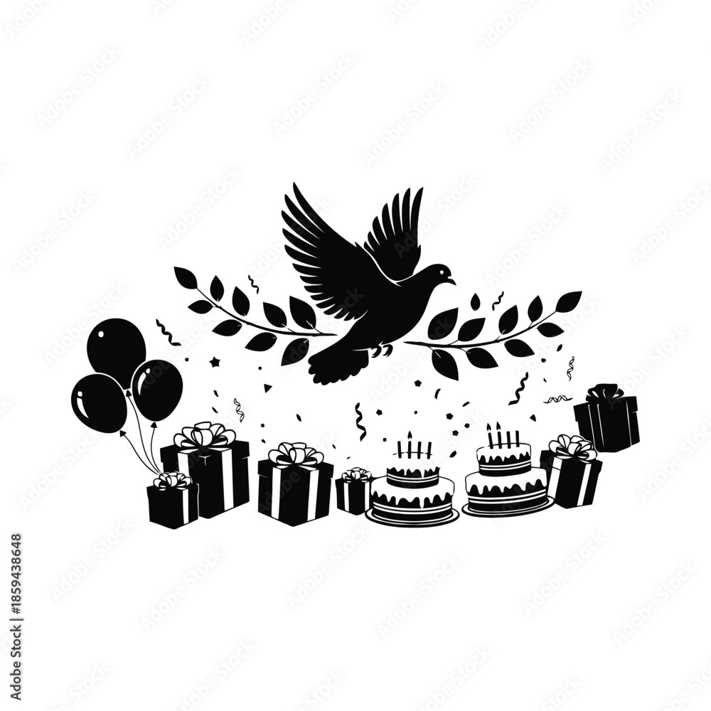 Fototapeta premium Black Silhouette Bird Flying Over Gift Boxes And Birthday Cakes With Falling Leaves