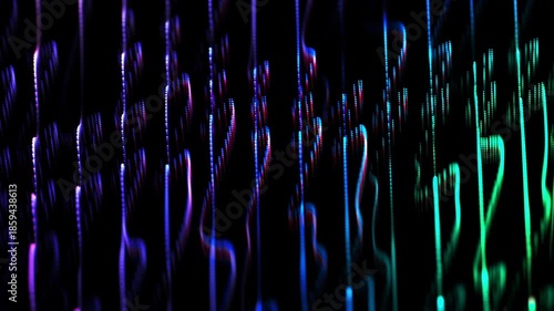 Abstract background with flowing vertical light lines on dark backdrop. Abstract visualization of artificial intelligence (AI), big data, sound waves. Smooth movement of wavy lines, looped animation