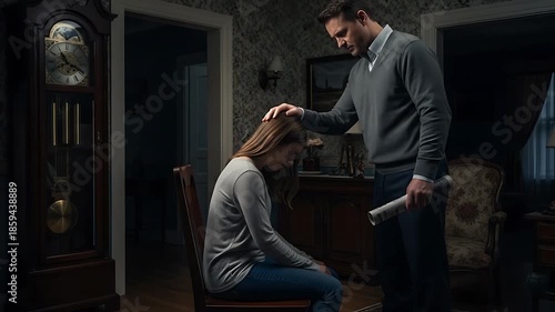 tense moment: man and distressed woman in dim living room