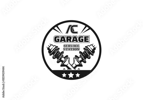 AC Garage Service Station Logo with Shock Absorber Illustration in Vintage Circular Automotive Badge Style, with Background Transparent PNG