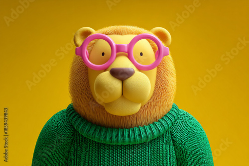 Anthropomorphic pink sheep character wearing glasses and green sweater