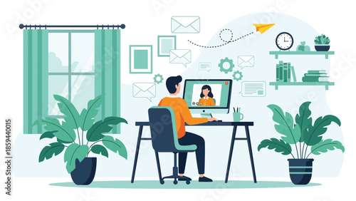 Vector illustration of a student attending online education, listening to a tutor on a computer.