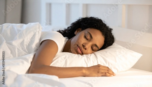 Tranquil moment of a beautiful African American woman deeply asleep in clean, cozy bedding, finding relaxation and peace