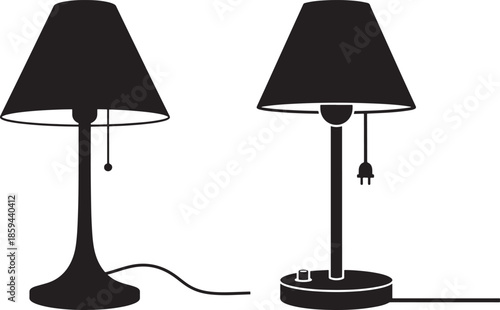 Two black silhouette table lamps with cords isolated on white background