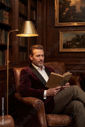 Mature man in velvet smoking jacket reading a book in a luxurious, dimly lit library with leather armchair and brass lamp