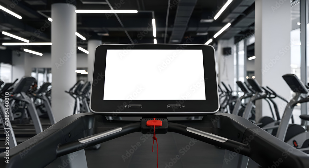 Fototapeta premium Empty treadmill screen in a modern gym with various cardio equipment. A blank screen display on a black treadmill with silver accents.
