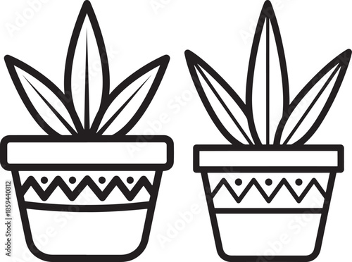Two outline icons of potted houseplants with decorative pots