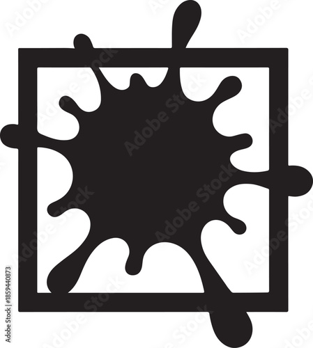 Bold black frame silhouette with a giant paint splash overflowing its edges, artistic icon