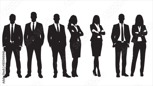 Vector silhouettes of men and women a group of standing business people, black, isolated on a white background.