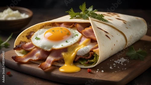 Breakfast Burrito with Bacon Sunny Side Up Egg and Herbs on Wooden Board in Natural Lighting