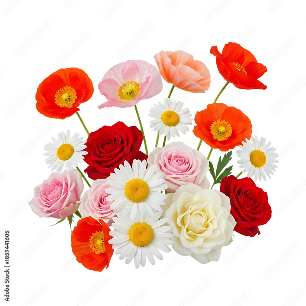 Fototapeta premium Beautiful bouquet of colorful flowers including roses poppies and daisies isolated on transparent background