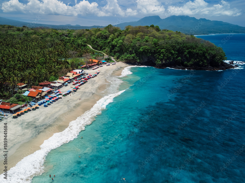 Fototapeta premium Holidays tropical beach in Bali, paradise coastline. Drone view
