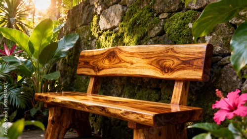 Rustic wooden bench with natural curves set against moss‑covered stone wall surrounded by tropical plants and sunlight