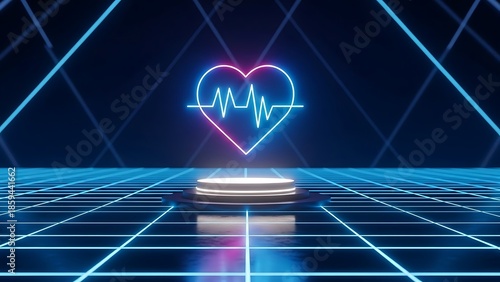 Futuristic Neon Heart with Heartbeat Wave Floating Above Perspective Grid and Blue Lines Valentine