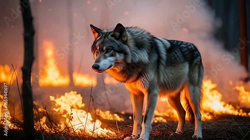 wolf amid raging forest fire at dusk, lone predator in flames