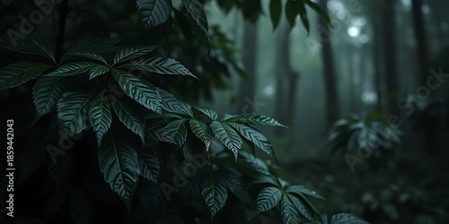 Dark moody forest leaves after rain, wet foliage with natural reflections, deep green tones, soft mist, cinematic depth of field, ultra HD 8K, photorealistic nature backdrop
