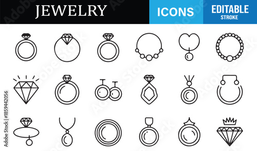 Wedding and engagement jewelry line icons