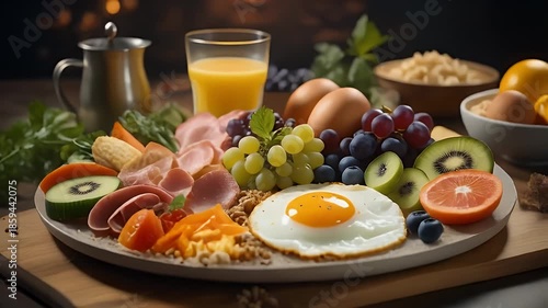 Delicious Breakfast Platter with Fried Egg, Grapes, Ham, and Orange Juice on Wooden Table in Warm Light