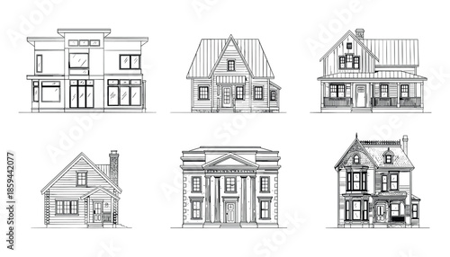 House architectural styles vector set featuring modern cottage and classic home