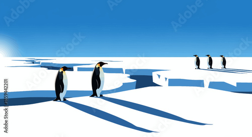 Penguins Walking Across Snowy Ice Field