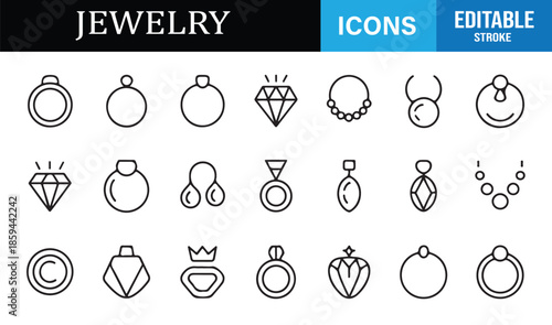 Elegant jewelry symbols and ornaments line icons