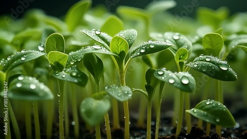 Closeup of Vibrant Green Seedlings with Water Droplets on Leaves and Stems in Dark Soil