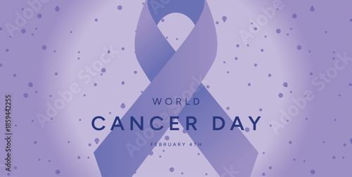 World Cancer Day banner with large Lavender Ribbon and soft gradient background with abstract dots. February 4 health care awareness concept. Vector illustration for poster banner web