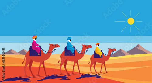 Camel Caravan in Desert Sunset