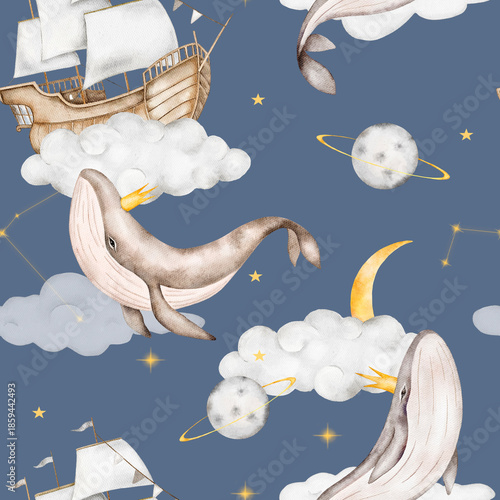 Cute seamless watercolor children's pattern with whales, clouds, ships, and stars on navy blue. Perfect for pajamas, bedding, and children's wallpaper. The unisex theme of sweet dreams and magic.