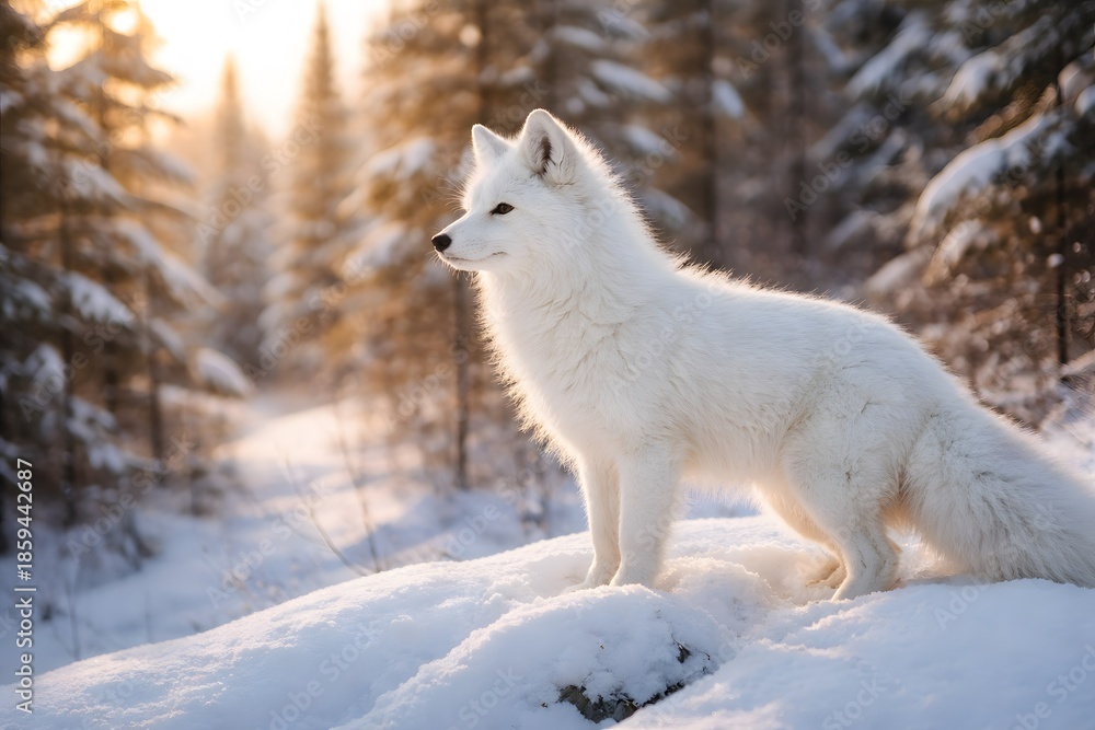 Fototapeta premium White Arctic Fox Standing in Snow Looking Toward Forest
